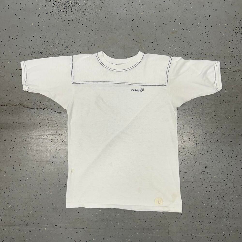 White vintage 80s Track & Court tee with blue stitching